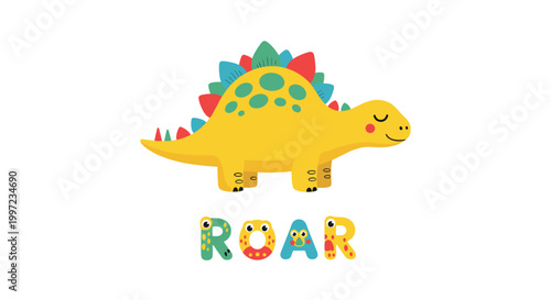 Friendly yellow stegosaurus dinosaur illustration with colorful plates on its back and the word roar in stylized letters underneath on white.
