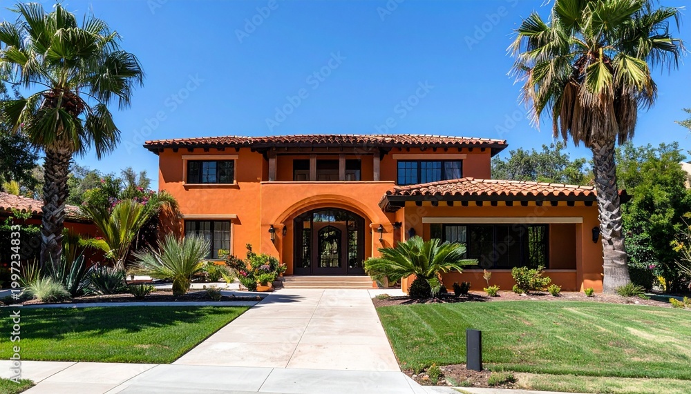 Fototapeta premium Elegant Mediterranean Home with Lush Landscaping and Palm Trees.