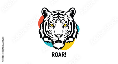 Strong black and white tiger head logo with fierce golden eyes and the word roar written in bold black capital letters below.