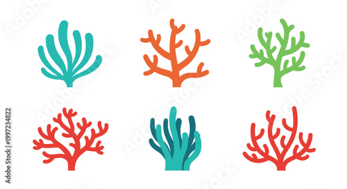 Vibrant set of six different coral reef structures in blue, orange, green, and red colors on a clean white background.