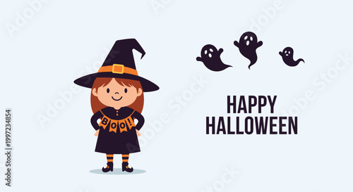 Cute little girl dressed as a witch holding a boo banner with ghosts and the words happy halloween on a light blue background.