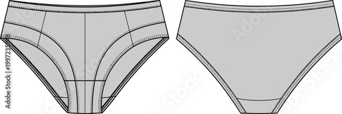 Technical flat sketch of men’s underwear briefs front and back view fashion design garment construction illustration apparel template vector