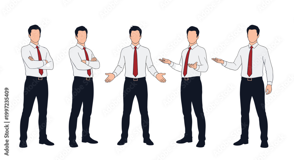 Obraz premium Professional businessman character set showing five different poses including arms crossed and presenting with a red tie and black pants.