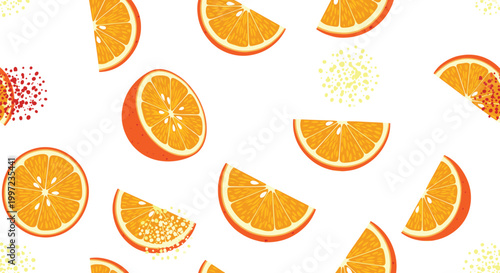 Vibrant seamless pattern with fresh orange slices and juicy citrus wedges over a clean white background with decorative splash details.