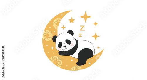 Sweet little panda bear sleeping peacefully on a golden crescent moon surrounded by stars on a clean white background for babies.