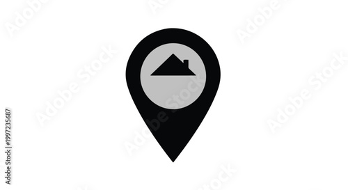 Map pin icon with mountain symbol on white background, location marker, navigation sign, travel and tourism concept, simple graphic design element