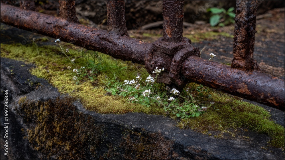 Fototapeta premium Green weeds and small white flowers growing at the base of a rust iron fence on a moss stone ledge, showing nature decay urban growth as weeds flowers rust fence moss stone reclaim abandoned metal