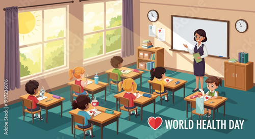 A dedicated teacher educates a diverse group of elementary school children on important health concepts within a vibrant classroom setting, fostering future wellbeing