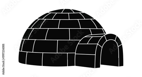 Black and white igloo illustration, traditional Inuit hut made of blocks of snow, Arctic shelter, winter landscape element, simple vector graphic
