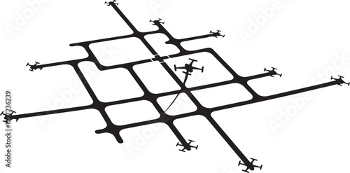 Drone swarm, aerial formation, black drones, vector graphics, flight patterns, surveillance icons