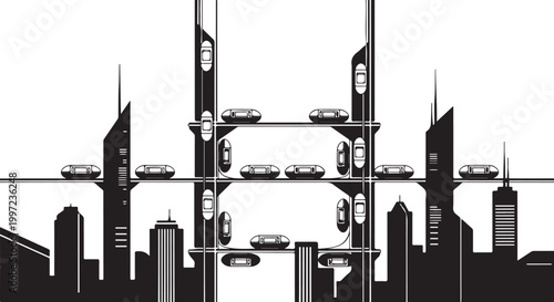 Futuristic cityscape, black and white illustration, urban landscape, vector city skyline