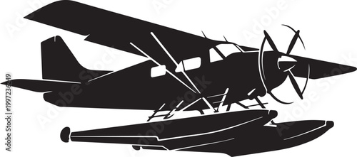 Black seaplane, vintage aircraft, float plane, silhouette illustration