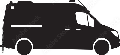 Black van silhouette, vehicle icon, transportation symbol, delivery truck
