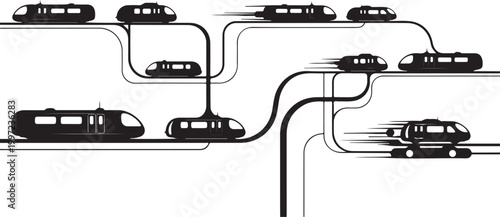 Traffic, road, transportation icons, vehicle silhouettes, highway, urban, black and white, vector graphics