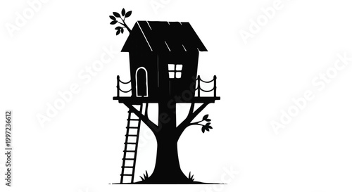 Black silhouette treehouse on tree with ladder and railing in minimalist style for kids or childhood imagination concept