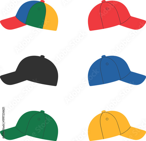 Baseball cap vector set, colorful hats, casual headwear collection for fashion design illustration