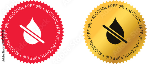 Zero percent alcohol-free vector label in red, gold, and silver. Suitable for icons, logos, stickers, seals, badges, emblems, stamps, etc.