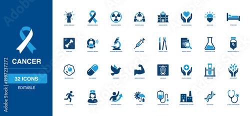 Schilderij op canvas Cancer awareness solid icon set using clear graphics for genetic research, diagnostic imaging, medical report, biological cell, laboratory flask, and chemotherapy drip treatment procedures
