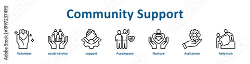 Community Support web icon banner with line art style