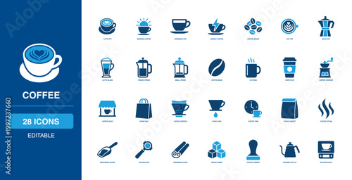 Coffee solid glyph icon set featuring Coffee Bean, Espresso Cup, Cappuccino Art, Latte Glass, Moka Pot, French Press for web, app, dashboard, presentation and infographic design