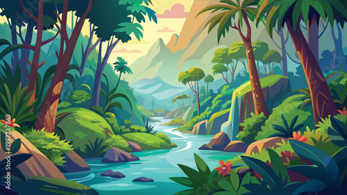 Beautiful tropical jungle landscape with a flowing river and lush green trees under a bright warm sun in the wilderness Vector