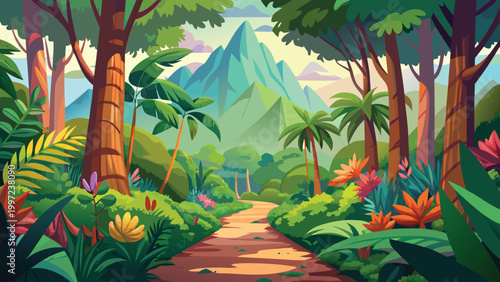 Beautiful tropical rainforest landscape with a winding dirt path leading to high green mountains in the sunny distance Vector