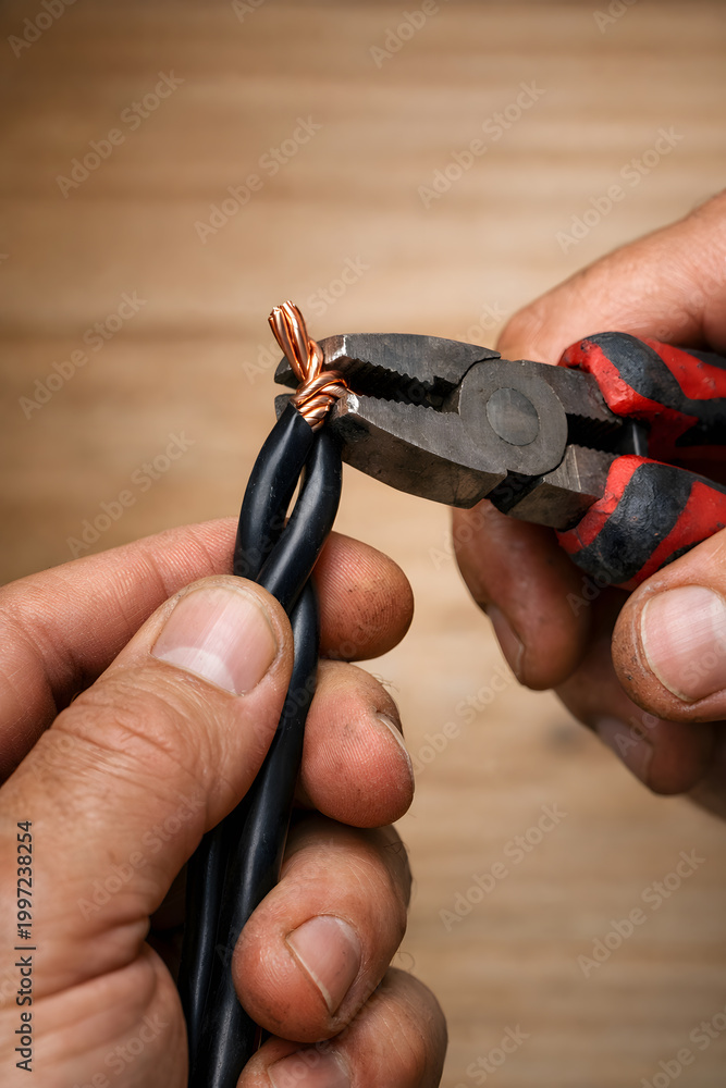 Fototapeta premium Professional electrician hands stripping copper wire with pliers