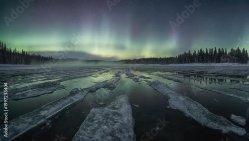 Aurora borealis illuminates a frozen lake with ice floes and evergreen trees in the night