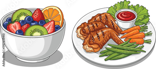 Healthy food and grilled chicken meal with fresh fruit bowl, balanced diet nutrition concept illustration for lifestyle design
