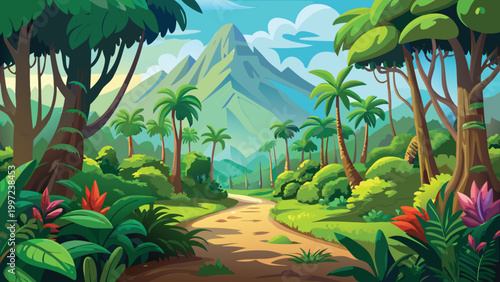 Tropical jungle landscape with a dirt path leading to a big mountain under a bright blue sky in a cartoon art style illustration Vector