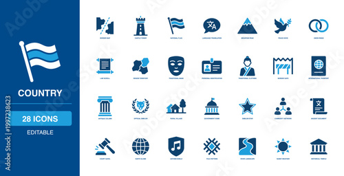 Country solid glyph icon set featuring National Flag, Country Map, World Globe, Border Line, Travel Passport, Landmark Tower for web, app, dashboard, presentation and infographic design