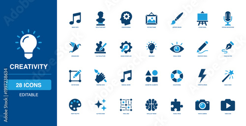 Creativity solid glyph icon set featuring Lightbulb Glow, Pencil Draw, Ink Pen, Paint Brush, Color Palette, Art Canvas for web, app, dashboard, presentation and infographic design