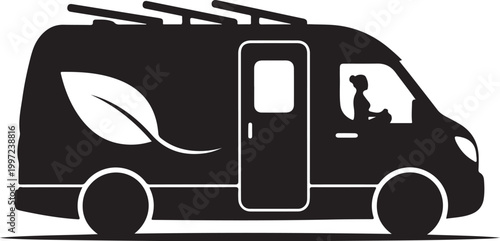Black camper van, eco friendly vehicle, leaf design, recreational transportation