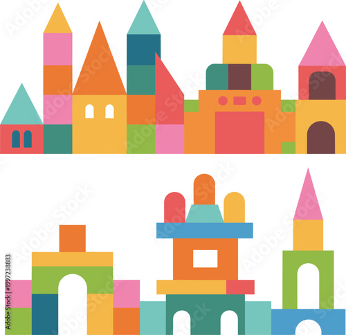 Colorful castle vector set, fantasy buildings, fairytale city architecture collection for kids design illustration