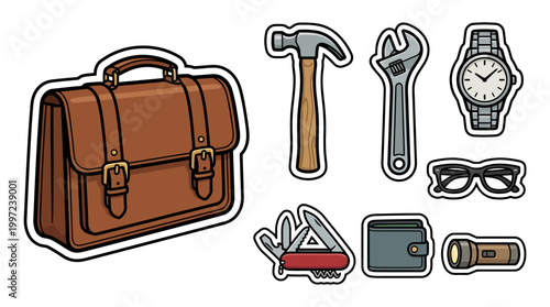 A collection of essential everyday items including a brown leather briefcase, various tools, and personal accessories like a watch, wallet, and glasses.