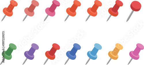 Colorful push pin vector set, office thumbtacks, stationery supply collection for workspace organization design