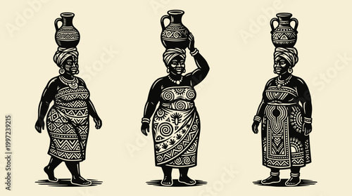 African Woman with Water Jug: Linocut Illustration Set, Solid Black Woodblock Art, Minimalist Cultural Icons