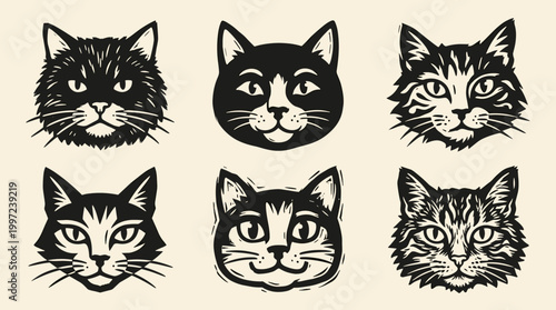 Cat face linocut icons: professional set of 6 hand drawn black ink vector illustrations