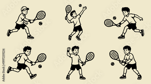 Boy Playing Tennis Logo Set: 6 Linocut Woodblock Illustrations for Kids Sports Branding