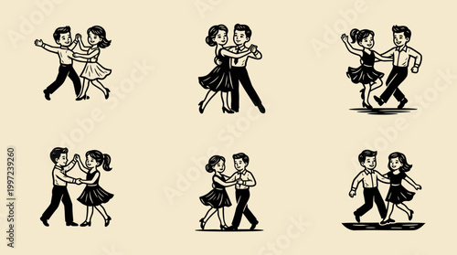 Ballroom Dance Couple Logo: Minimalist Linocut Illustrations for Kids Dance School Branding and Design