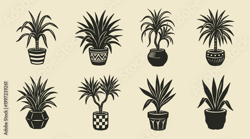 Dracaena Potted Plant Linocut Illustrations: Minimalist Hand-Drawn Woodblock Vector Art Set