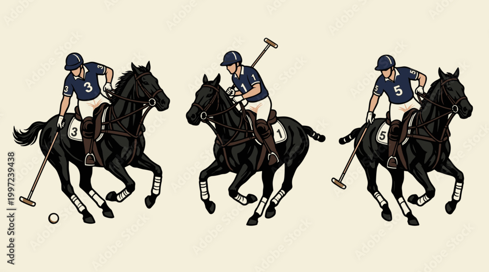 Fototapeta premium Polo Player Riding Horse: Vintage Linocut Illustration Set, Woodblock Print Emblem Vector