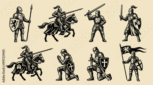 Medieval Knight in Armor Illustration Set: Professional Linocut Vector Icons, Woodblock Style