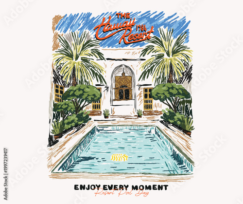 Summer vibes hand draw. Endless summer artwork. Hawaii, aloha surf typography for t shirt. Beach paradise resort. Enjoy holiday at dream paradise resort t-shirt design. Hawaii resort artwork.