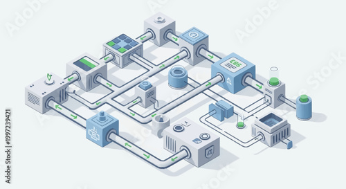 Isometric illustration of industrial process system.