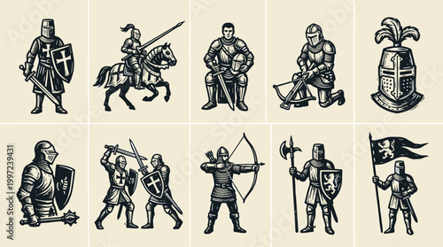 Medieval Knight Armor Icon Set: Professional Linocut Woodblock Style Illustrations for Logo Branding