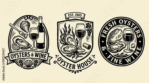 Oyster and Wine Glass Linocut Illustration Set: Minimalist Woodblock Icons for Seafood Branding