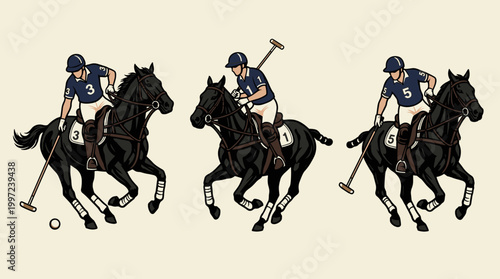 Polo Player Riding Horse: Vintage Linocut Illustration Set, Woodblock Print Emblem Vector