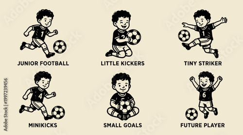 Toddler Boy Playing Football: Minimalist Linocut Logo Illustration Set, Black and White Vector Graphics
