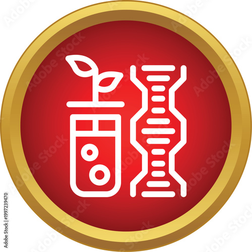 Dna structure next to a test tube with a growing plant seedling